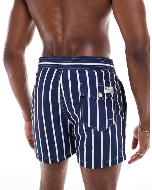 Polo Ralph Lauren Blue Traveler Icon Logo Wide Stripe Slim Fit Mid Swim Shorts for men