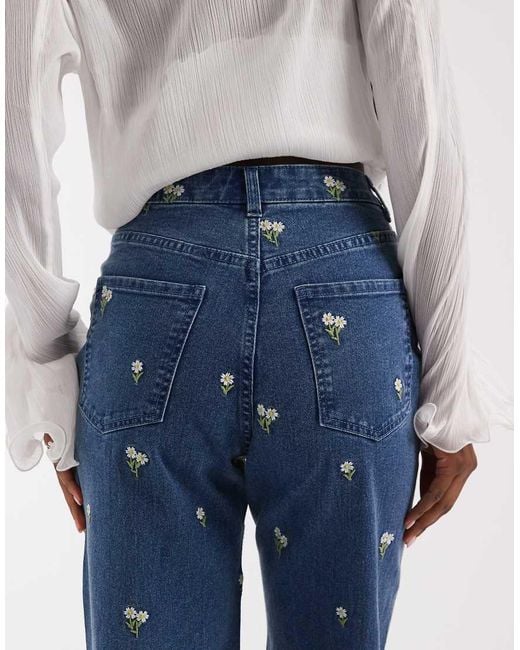 Pieces Blue Floral Embroidered Straight Leg Jeans