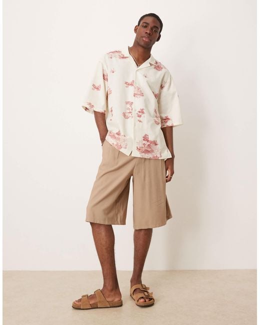 ASOS Natural Oversized Revere Shirt With Scenic Print for men