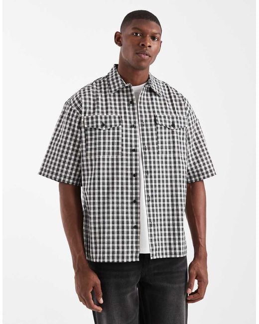 Redefined Rebel Gray Boxy Short Sleeve Checked Shirt for men