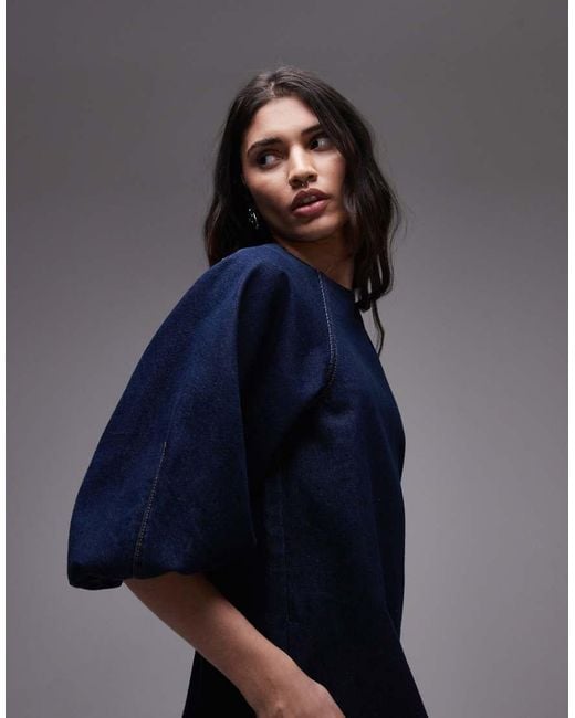 TOPSHOP Blue Denim Mini Shift Dress With Balloon Sleeves