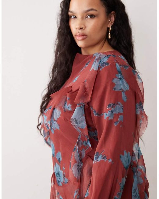 ASOS Red Asos Design Curve Draped Raw Edge Ruffle Trim Long Sleeve Maxi Dress