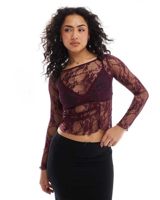 Pull&Bear Red Long Sleeve Lace Top With Asymmetic Seam Detail