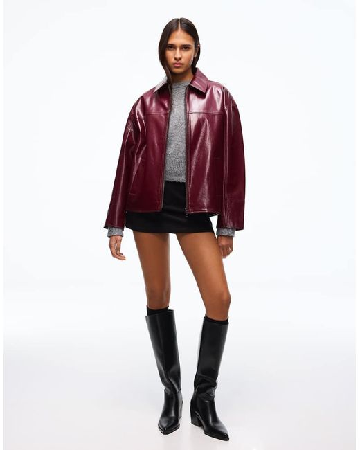 Bershka Red Faux Leather Trucker Jacket