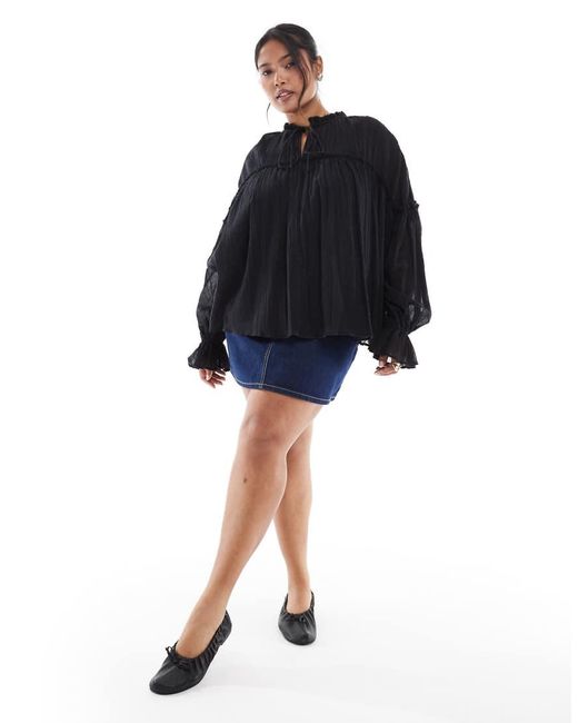 ASOS Blue Asos Design Curve Tie Neck Ruffle Detail Crinkle Long Sleeve Smock Top