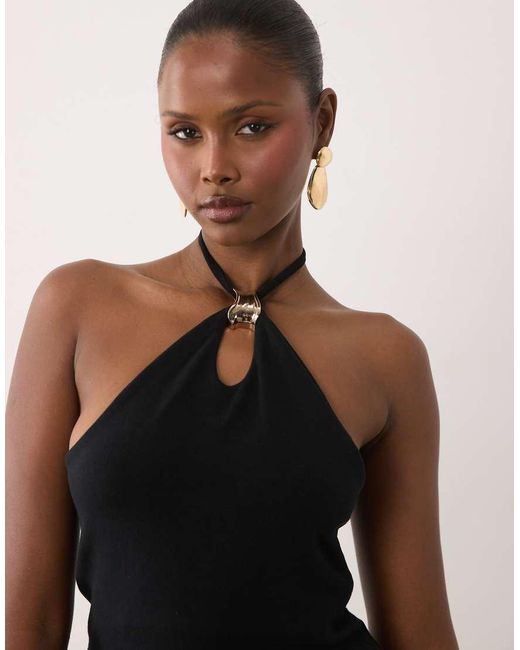 ASOS Black Compact Cotton Keyhole Halter Neck Top With Gold Trim