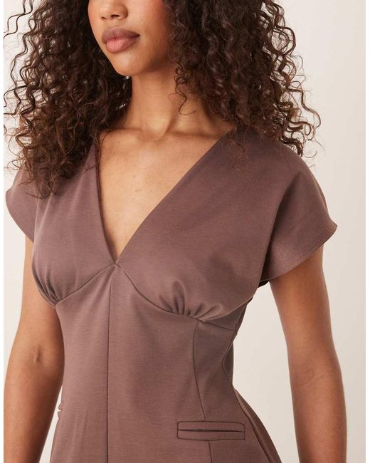 ASOS Natural Short Sleeve Plunge Seam Detail Mini Dress