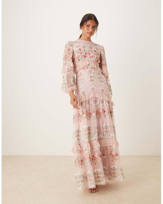Maya Pink Embroidered Long Sleeve Maxi Dress