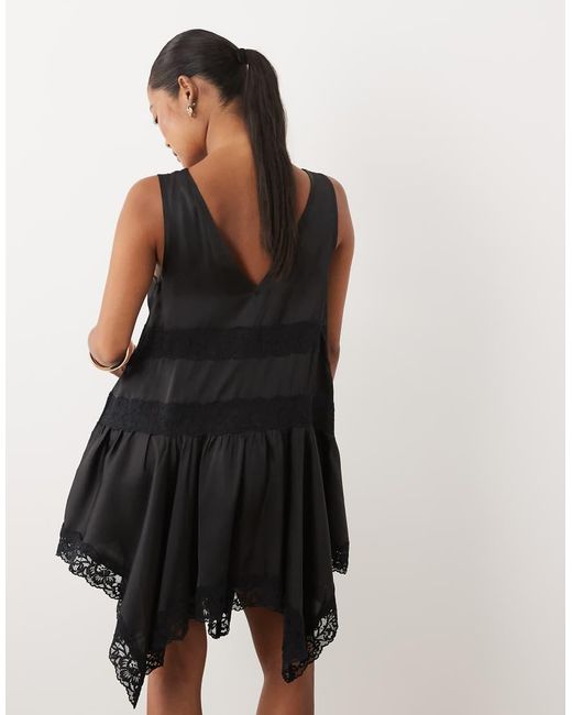 Miss Selfridge Black Satin Lace Insert Hanky Hem Mini Dress