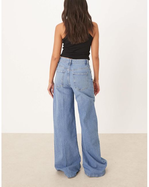 Mango Blue Cotton Pleat Front Wide Leg Jean