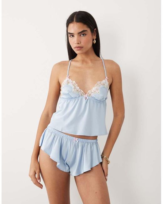 Boux Avenue Blue Nyra Satin Cami With Floral Lace Trim Detail