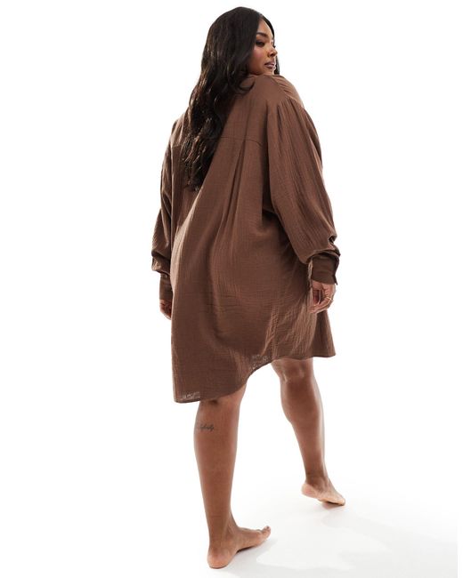 ASOS Brown Asos Design Curve Double Cloth Oversized Shirt Dress With Dropped Pockets