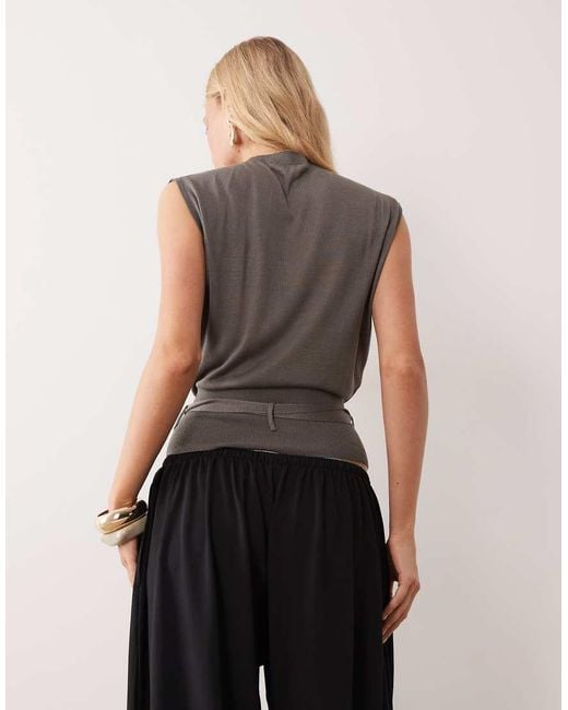 Mango Gray Sleeveless Tie Waist Knit Top