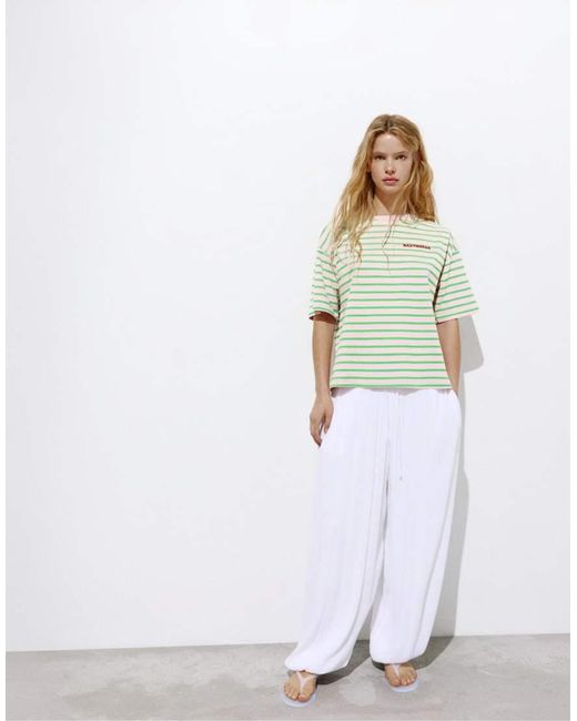 Pull&Bear Green Striped T-shirt With Slogan