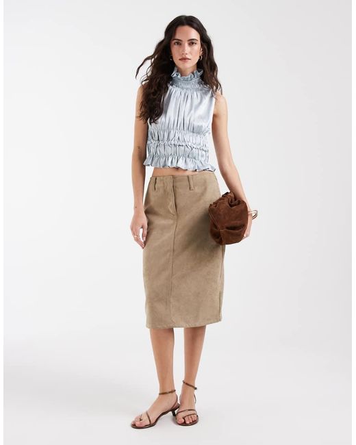 Muse Assembly Blue Ruffle High Neck Crop Shirred Top