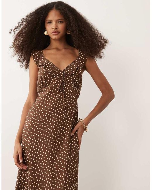 New Look Brown Ruffle Detail Polka Dot Midi Dress