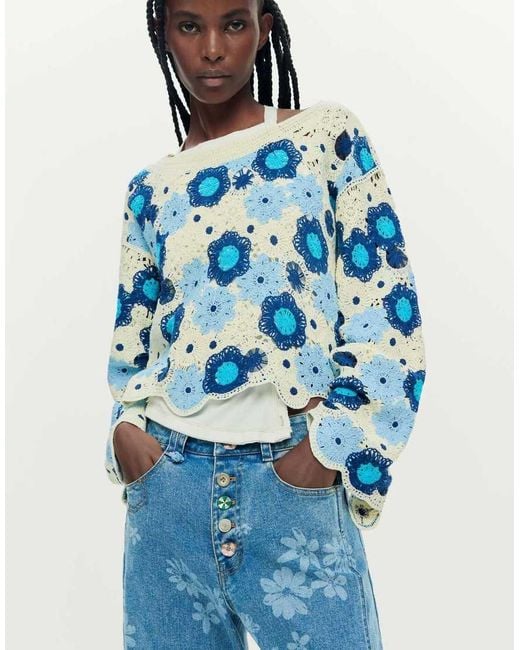 Desigual Blue Crochet Sweater With Flowers