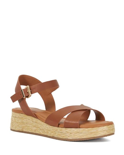 Dune Brown Littleton Leather Raffia Flatform Sandals