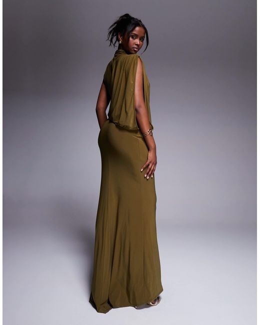 ASOS Green One Shoulder Drape Maxi Dress With Cape Detail