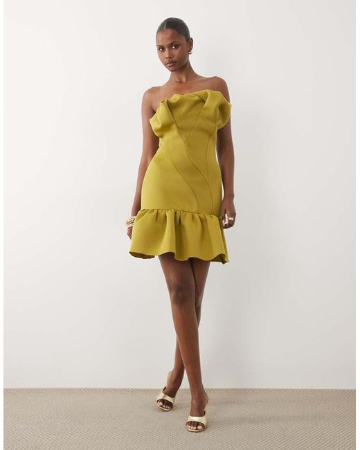 ASOS Green Structured Mini Dress With Scrunched Bardot