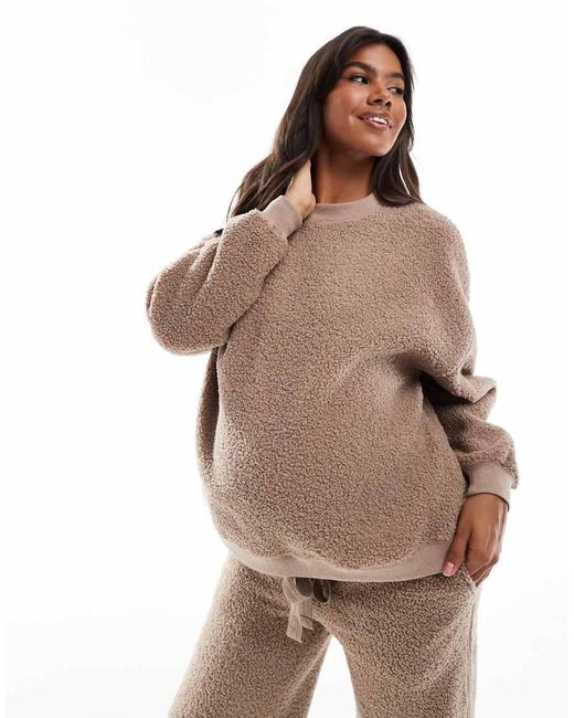 ASOS Natural Asos Design Maternity Lounge Borg Sweat & Wide Leg Pants Set