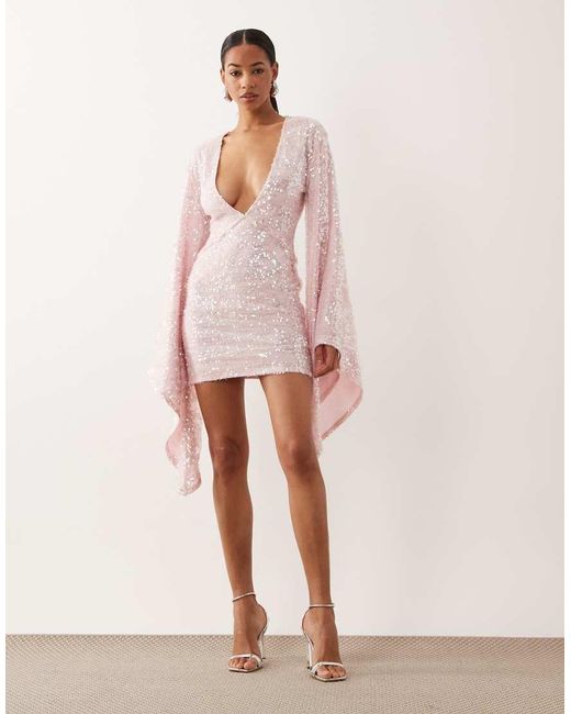 ASOS Pink Sequin Plisse Batwing Mini Dress With Ruching Detail