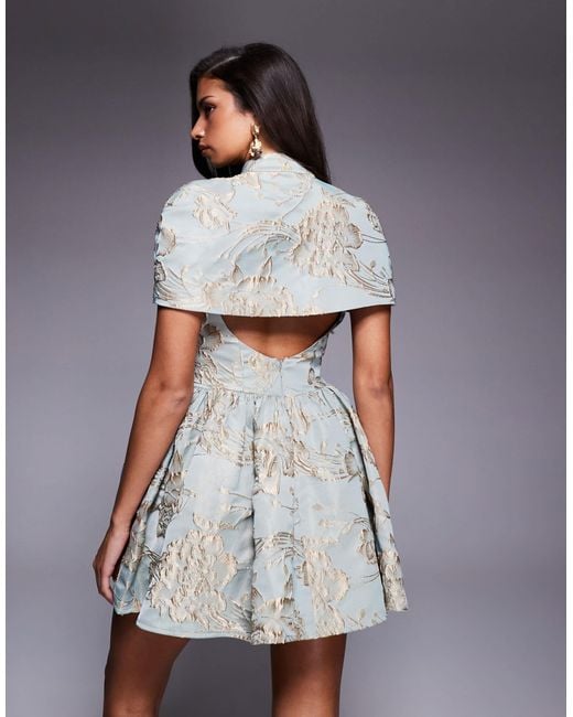 ASOS Gray Jacquard Corset Skater Dress With Cape Detail And 3d Flowers