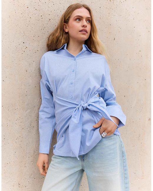 Bershka Blue Oversize Poplin Shirt With Bow Print
