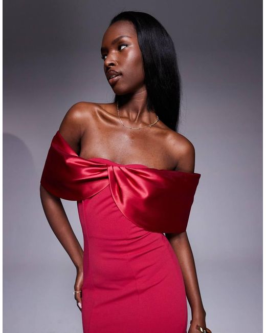 Goddiva Red Twist Knot Satin & Scuba Bardot High Low Midi Dress
