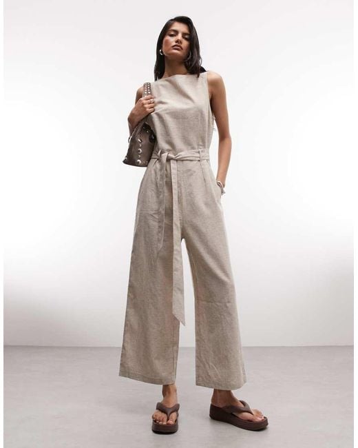 Monki White Linen Sleeveless Wide Leg Jumpsuit With Tie Belt Detail