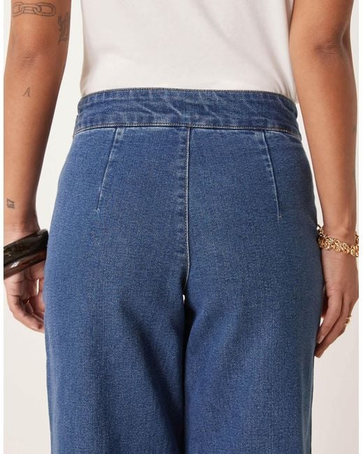 JDY Petite Blue High Waist Wide Leg Jeans With Buttons Details