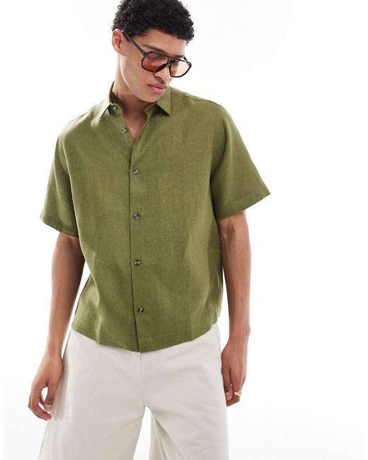 Camicia Regular Fit Squadrata 100% Lino Polvere di ASOS in Green da Uomo