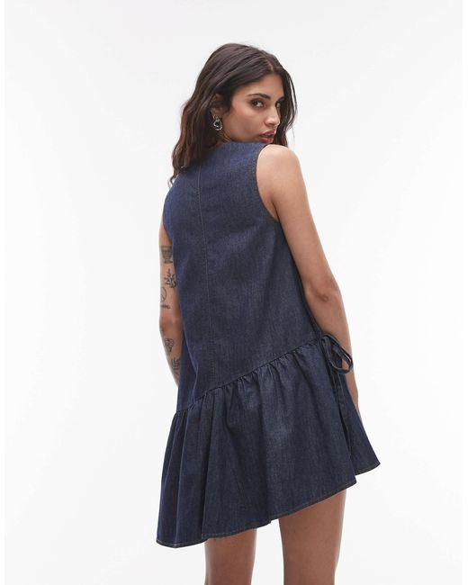 TOPSHOP Blue Denim Mini Dress With Peplum Hem And Bow Detail
