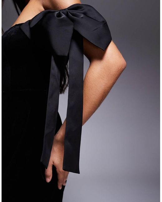 Kaiia Black Exclusive Velvet Off Shoulder Oversized Bow Detail Mini Dress