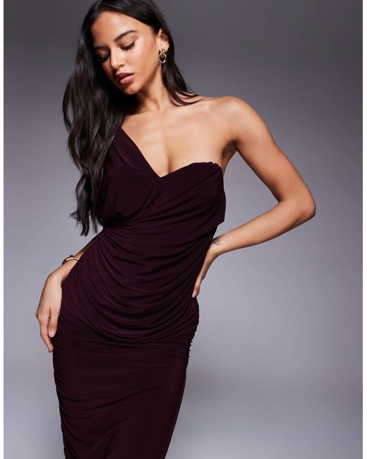 Robe mi-longue sculptante à armatures avec détail drapé effrangé - prune foncé ASOS en coloris Blue
