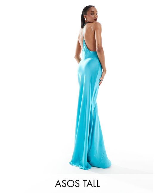 ASOS Blue Asos Design Tall Satin Halter Maxi Dress With Shaped Back Detail
