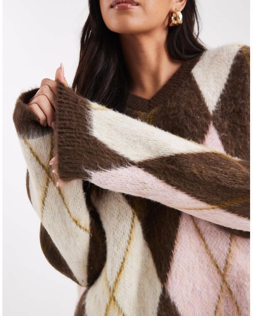 ASOS Brown Argyle Boxy V Neck Jumper