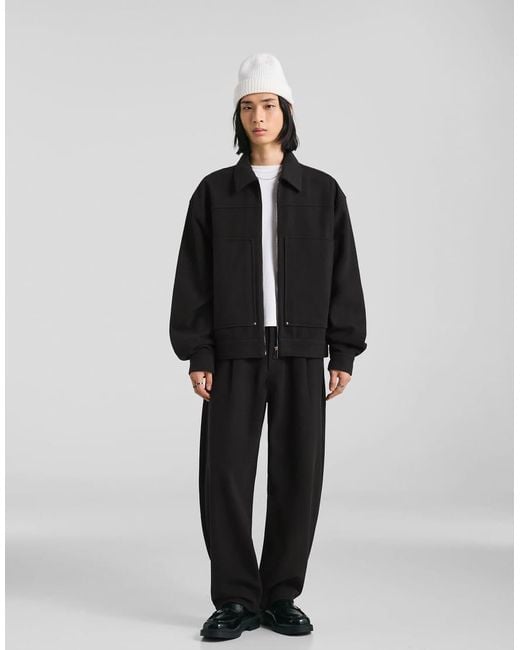 Bershka Black Balloon-fit Flannel Trousers for men