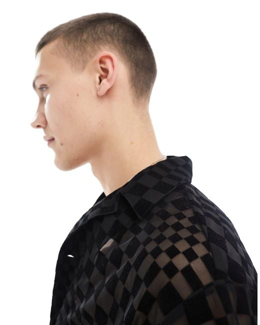 Twisted Tailor Black Checkerboard Burnout Short Sleeve Revere Shirt for men