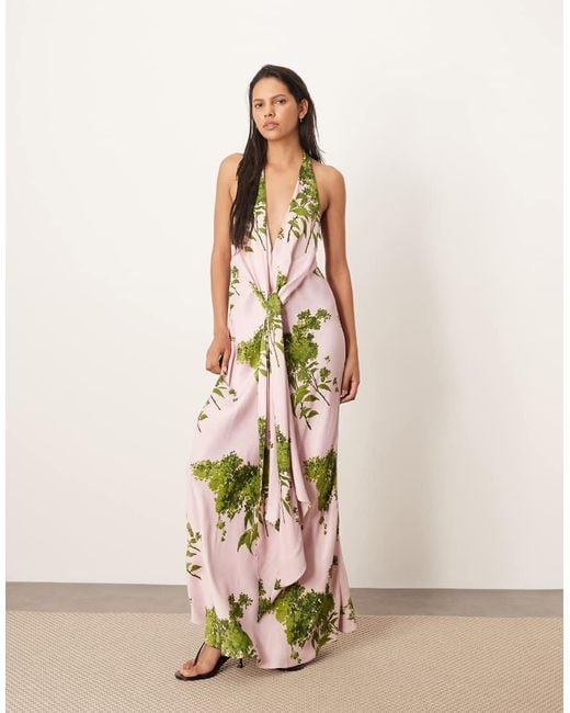 ARRANGE Natural Plunge Cowl Maxi Dress With Tie Detail