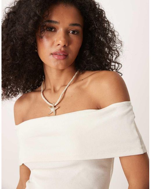 ASOS White Fold Over Ribbed Bardot Top