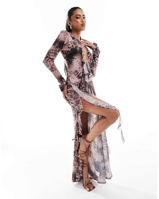 Murci White Exclusive Deep Plunge Ruffle Shirt & Skirt Set