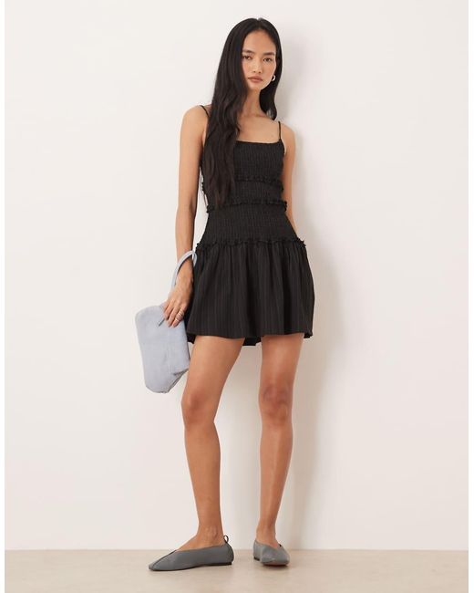 ASOS Black Crinkle Mini Sundress With Shirred Dropped Waist
