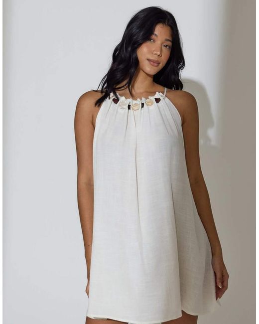 South Beach White Bead Detail Flowy Mini Dress