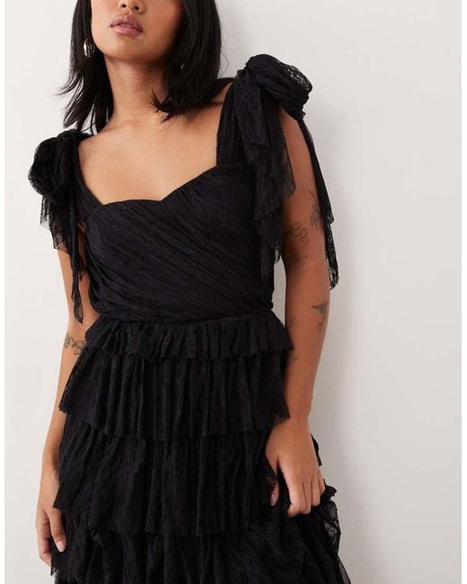 LACE & BEADS Black Lace Bow Shoulder Tiered Maxi Dress