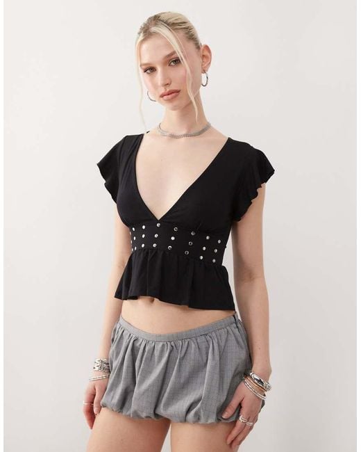 Motel Black Leisma Frill Sleeve Studded Plunge Top