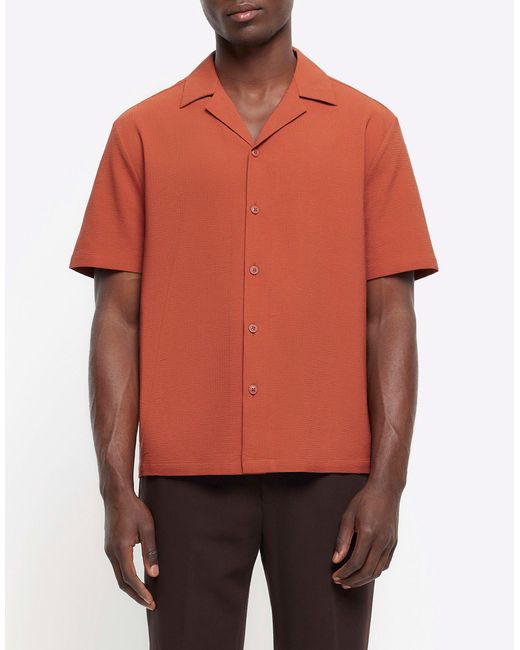 River Island Orange Regular Fit Seersucker Revere Shirt for men