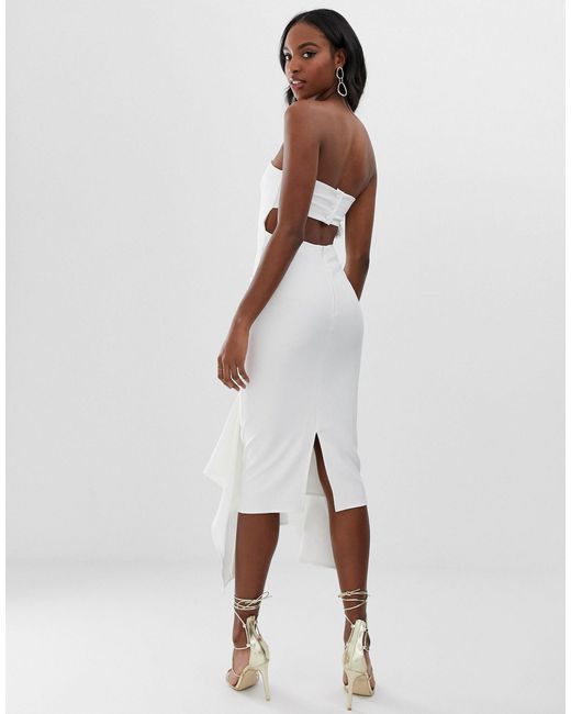 asos design bandeau midi dress with ruffle pep hem
