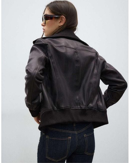 Stradivarius Blue Ribbed Combined Leather Jacket