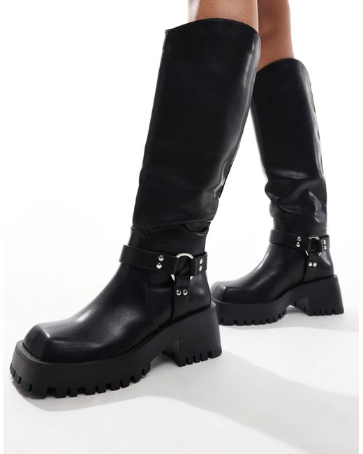 Raid Black Ultra Biker Knee Boots With Square Toe